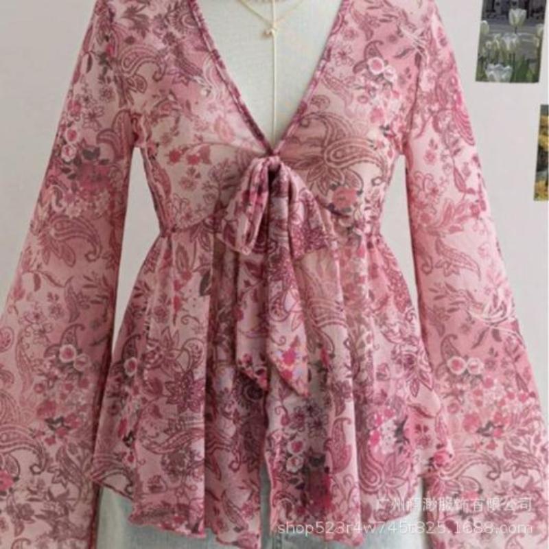 Brown Floral Print Deep V-Neck Long Sleeve Blouse with Bow and Ruffle Hem