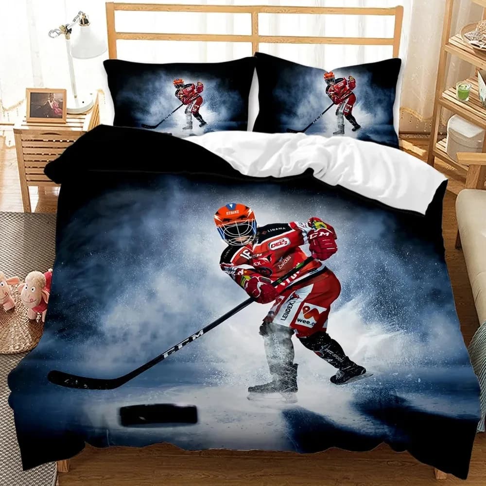 Ice Hockey Sport Soft Duvet Cover Burning Hockey Bal for Ten Athlete Warm Breathable Comfortable Quilt Cover for Friend Gift Bedrom Decoration