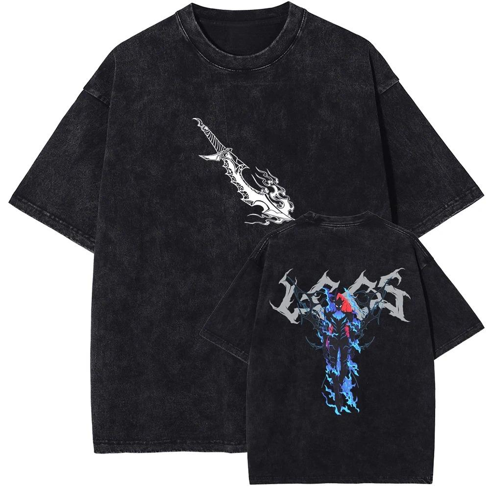 Solo Leveling Igris T-shirt Manga Graphic T Shirt Vintage Washed Tshirts Short Sleeve Oversized Cotton Tee Men Women Clothing