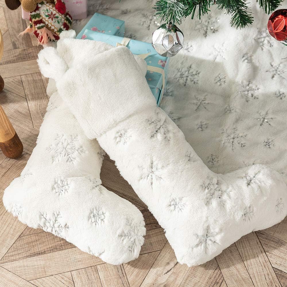 2PCS Plush Christmas Stockings White Faux Fur Large 56cm Deluxe Hanging Xmas Stockings with Silver Sequin Snowflake for Christmas Fireplace