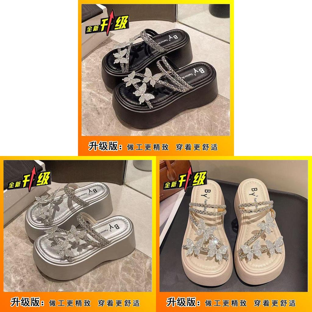 Fashion French Style Platform Slide Sandals With Rhinestones For Women