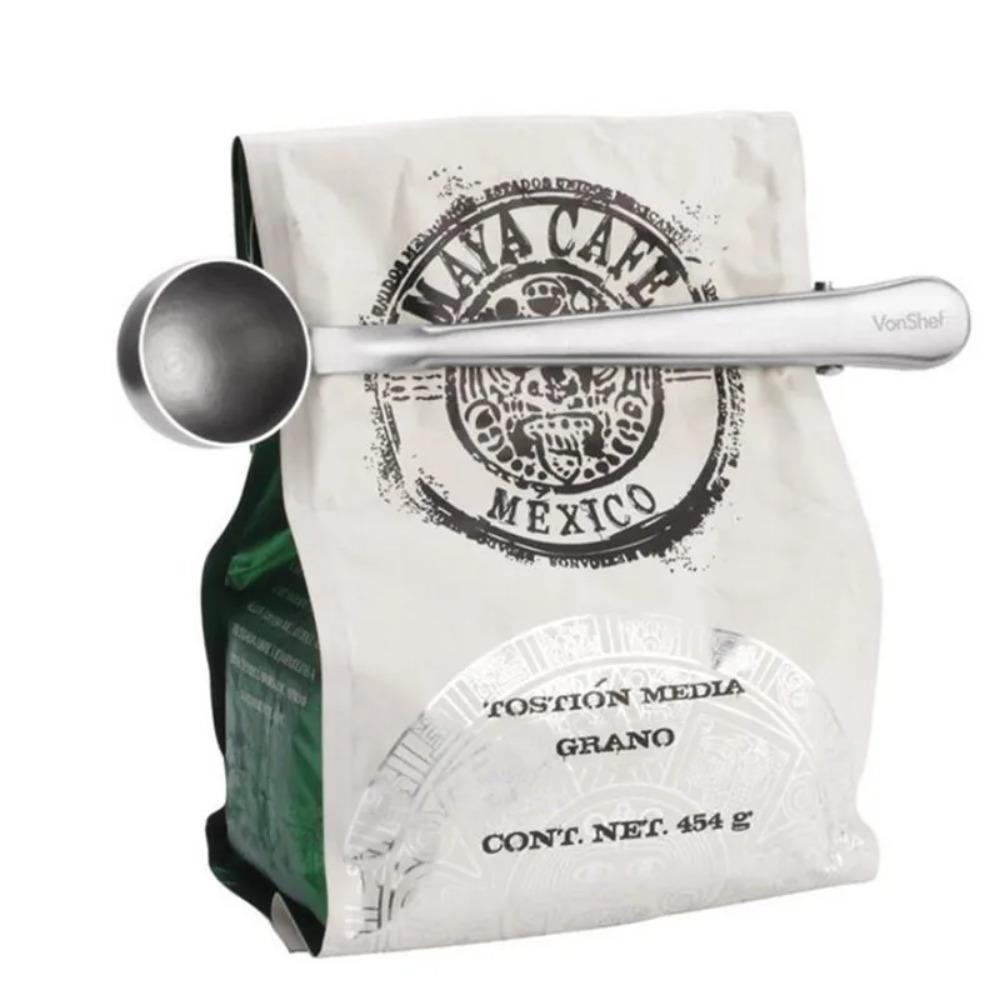 2-in-1 Multifunction Stainless Steel Coffee Scoop with Clip Coffee Tea Measuring Scoop 1Cup Ground Coffee Measuring Scoop Spoons