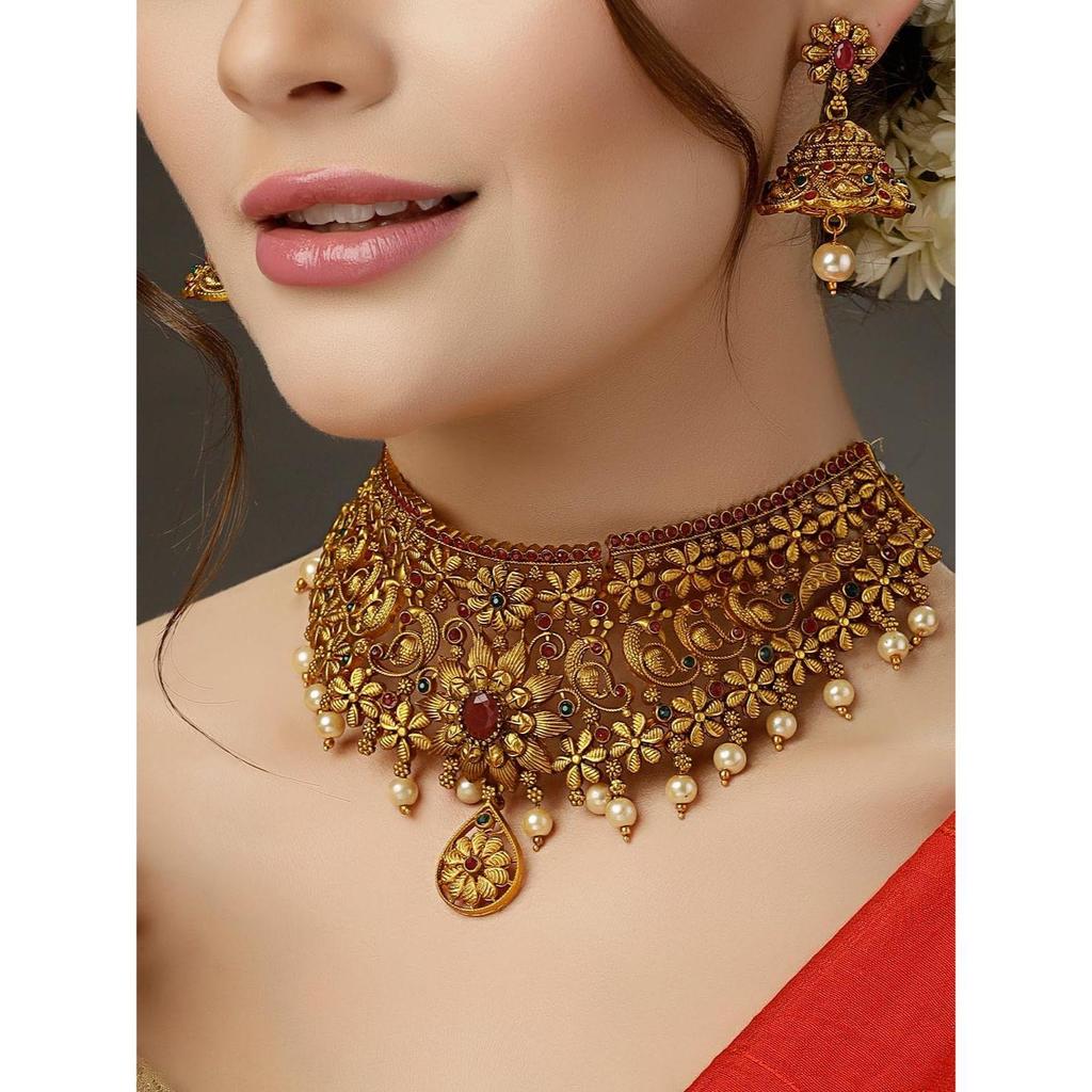 Neuestes Stilvolles Ausgefallenes Perlen-Choker Traditionelles Schmuckset für Damen | Tempel-Halsketten-Set | Festliches Hochzeits-Party-Halsketten-Set