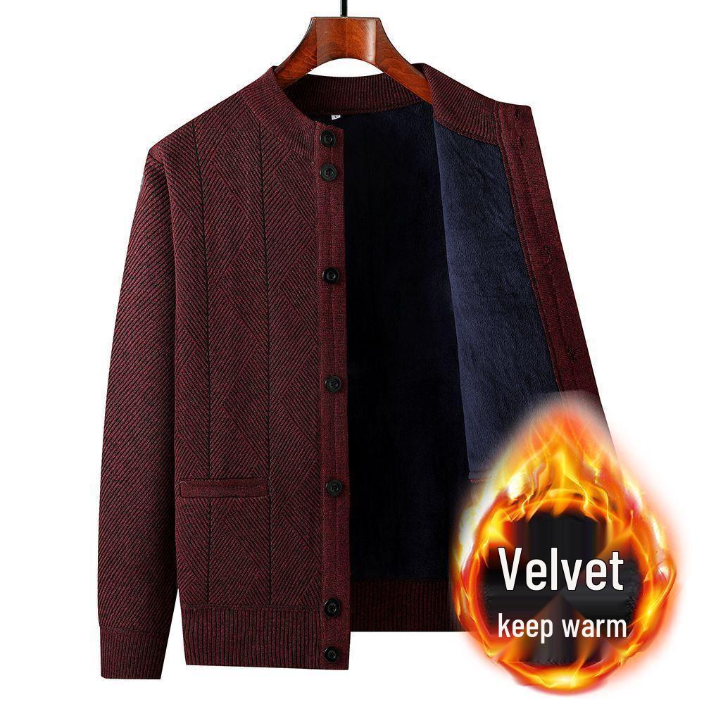 Men's V-Neck Thick Fleece Cardigan: Warm Knitwear for Dad and Grandpa