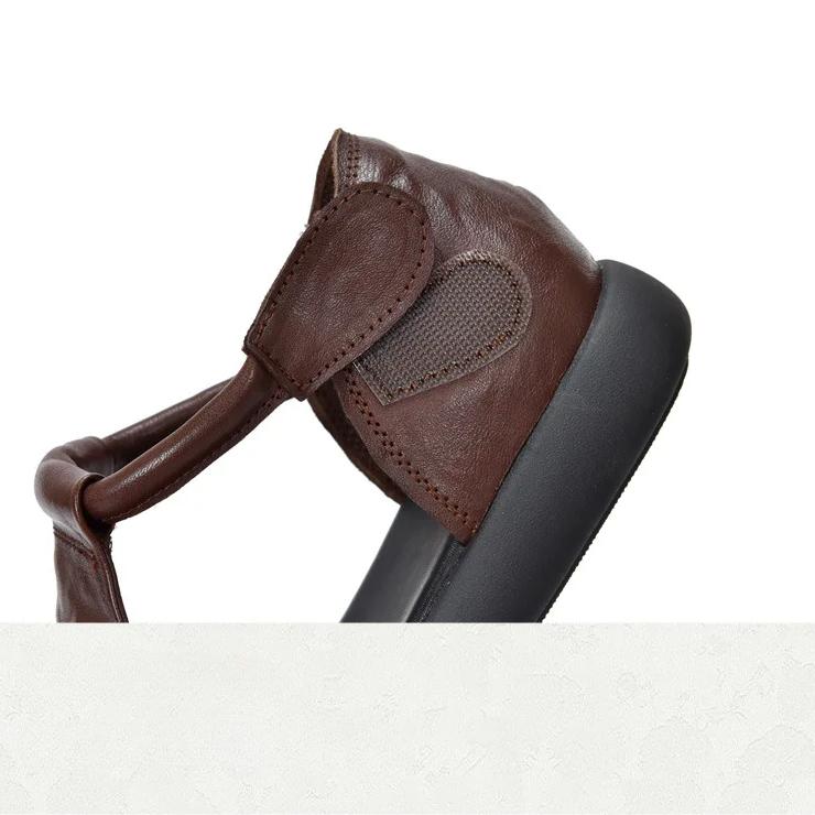 Johnature Genuine Leather Peep Toe Flat Sandals Vintage Solid Color Soft Sole Comfortable Versatile Women Shoes