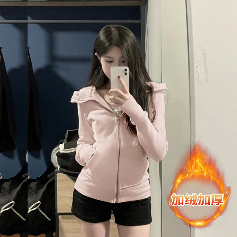 b blue slim-fit hooded sweater jacket women's autumn and winter velvet shoulder waist yoga clothes short tight top