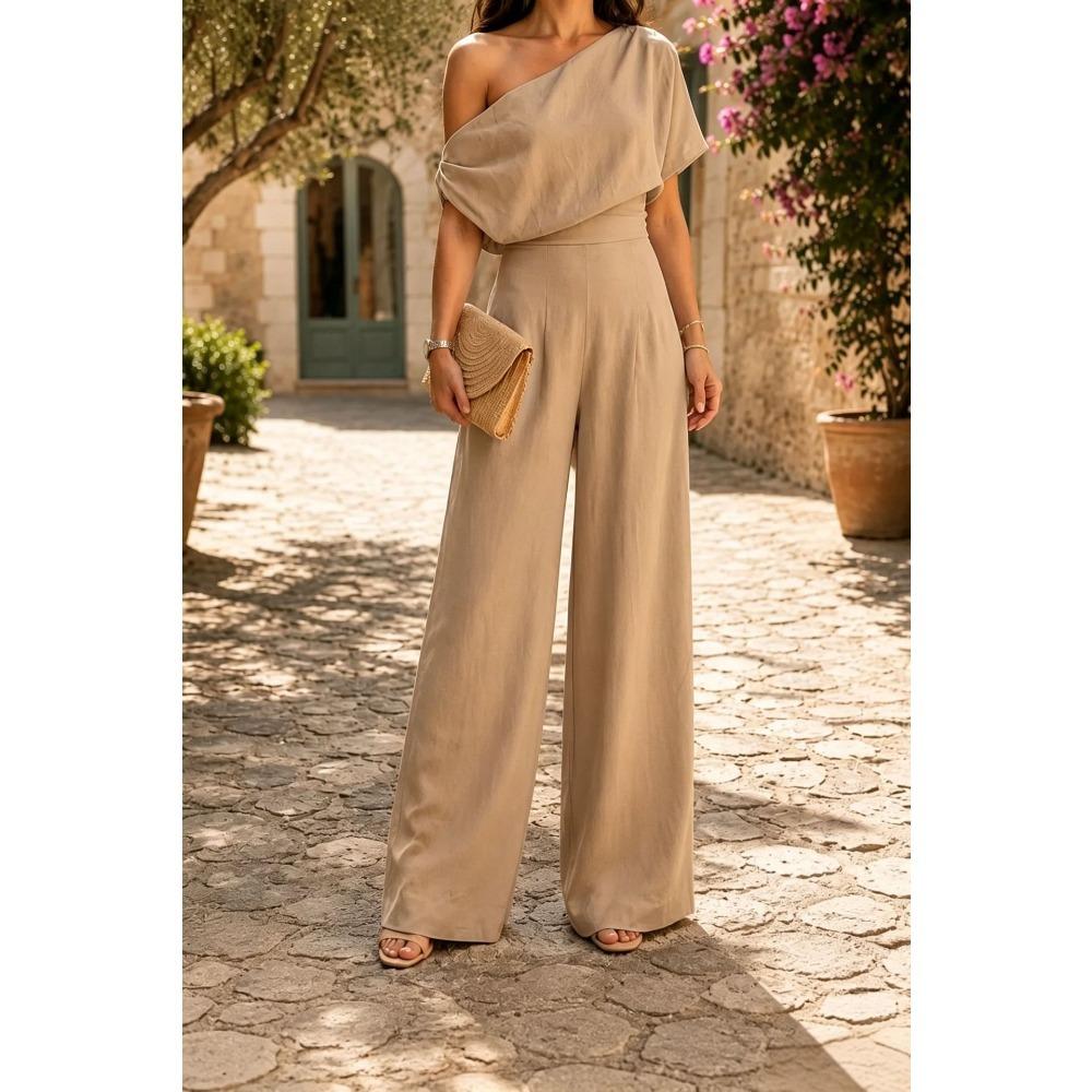 Women's One Shoulder Short Sleeve Slim Fit Casual Linen Wide Leg Jumpsuit for Summer