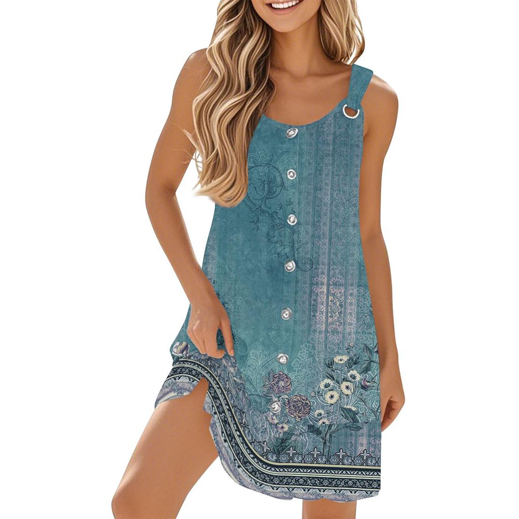 Damen Freizeit Ärmellos Knopfleiste Blumenmuster Kleid mit Saum Saum