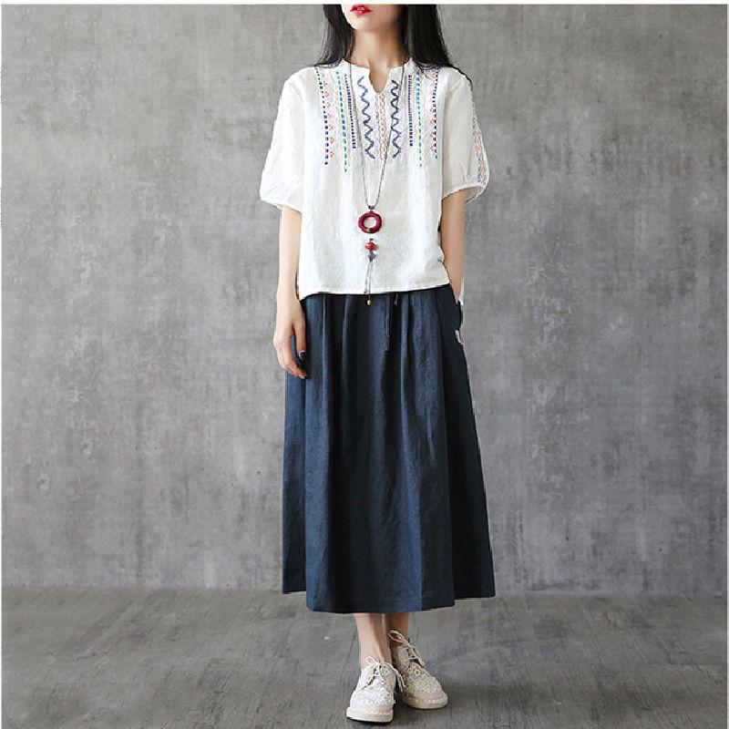 Simple Embroidery Loose Artistic Small V-neck Bamboo Knot Cotton Top Women's Summer Versatile Retro Cotton Linen Short Sleeved T-shirt