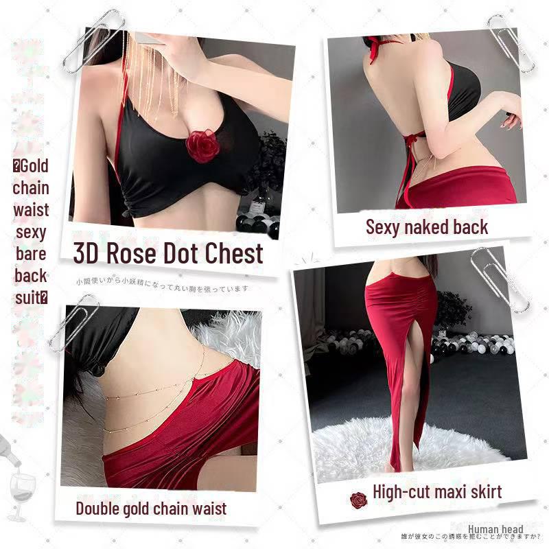 Rose Lady Sexy Backless Cheongsam Nightdress Lingerie Set