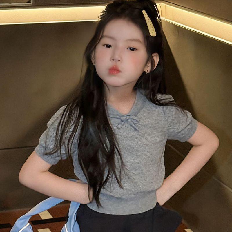 Girls Summer Sweet Bow Hollow Knit Polo Short Sleeve T Shirt 90