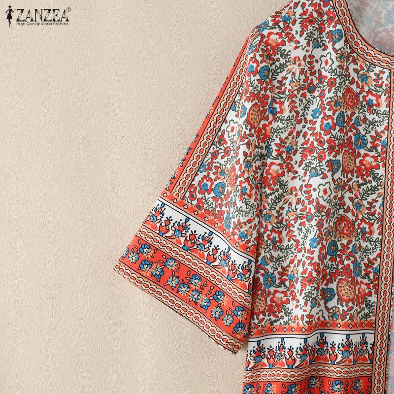 ZANZEA Women Bohemian Floral Print Open Front Cropped Half Sleeve Vintage Casual Holiday Tops Blouse