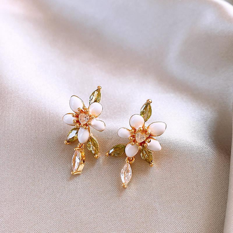 K real gold electroplated silver needle zircon dripping oil flower earrings holiday style fresh stud earrings temperament earrings design sense