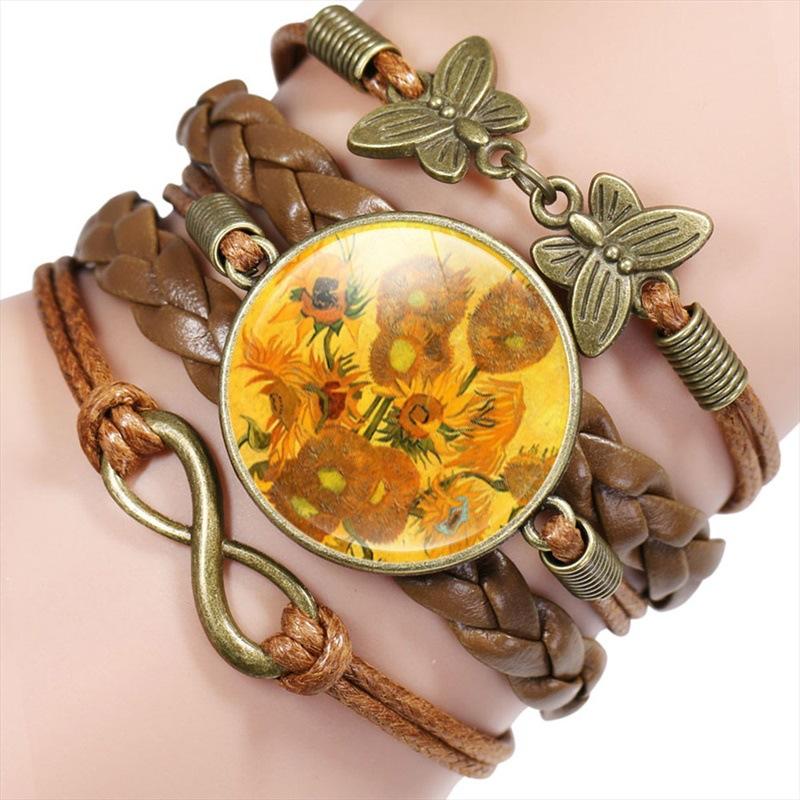 Vintage Handmade Leather Multi Layer Bracelet Butterfly Infinity Design Van Gogh Painting Crystal Bangle Jewelry Set