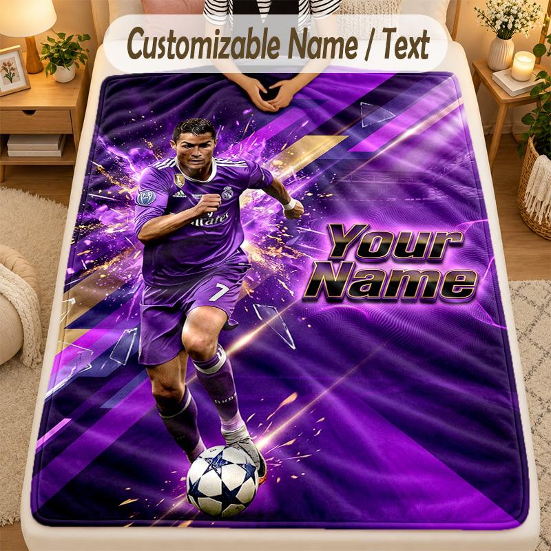 Flannel BlanketCristiano Ronaldo Custom Name Text Personalized Soft Warm Throw Blanket Home Decor Gift