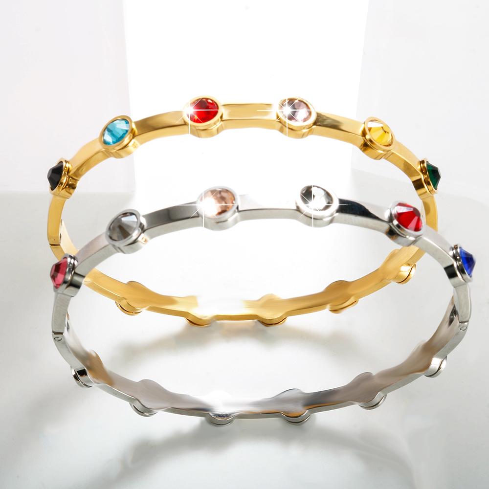 Rainbow Rhinestone Stainless Steel Bangle for Women New in Gold Plated Jewelry Luxury Gold Color Girlfriend Friend Gift