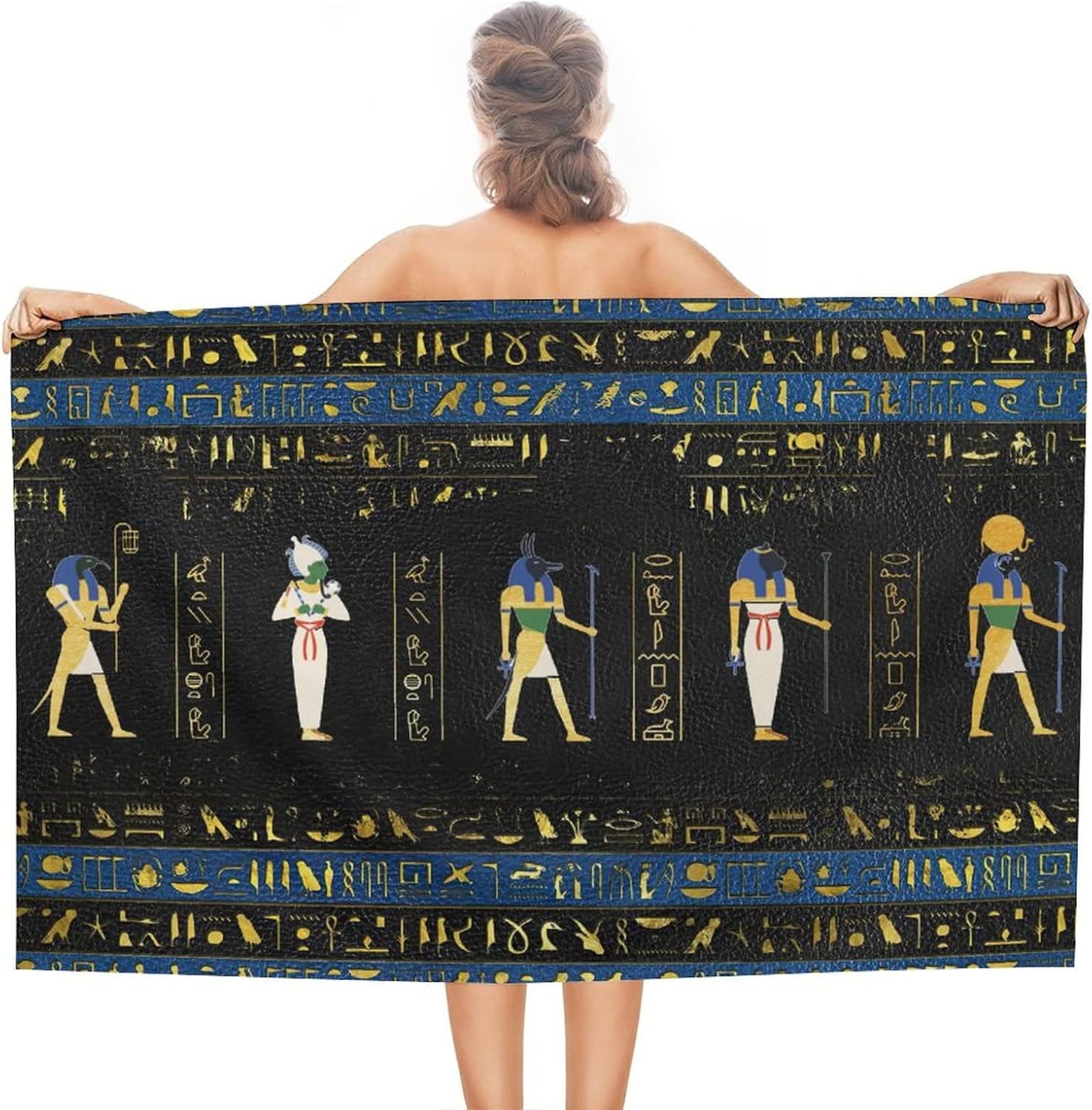 

Vintage EgyptBeach Towel,Abstract Egyptian Ancient Culture Black Gold Hieroglyph SymbolSand-Absorbing Microfiber Beach Towel for W30*H60(CM)
