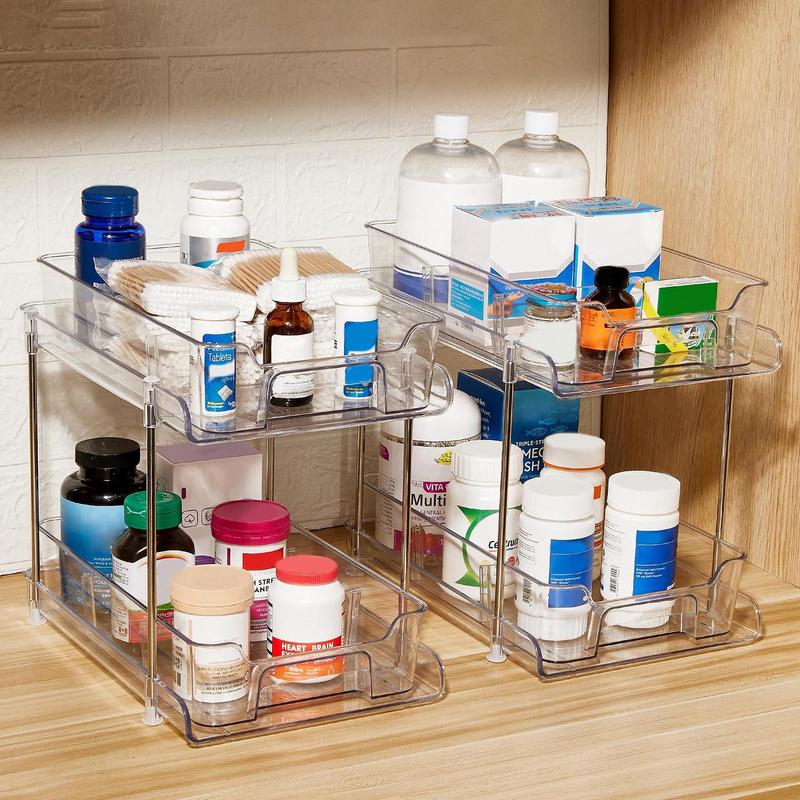 Cabinet Pull Out Shelves Stackable Transparent Storage Rack For Cosmetics 2 Tier Clear Pantry Organization And Storage Bathroom