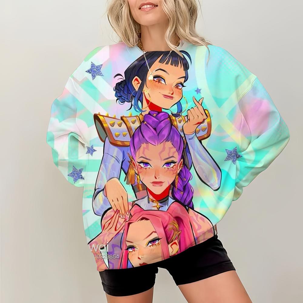 KPop Demon Hunters Print Pullover Sweatshirts Casual Long Sleeve Crew Neck Sweatshirts Fall Winter Women's Clothing