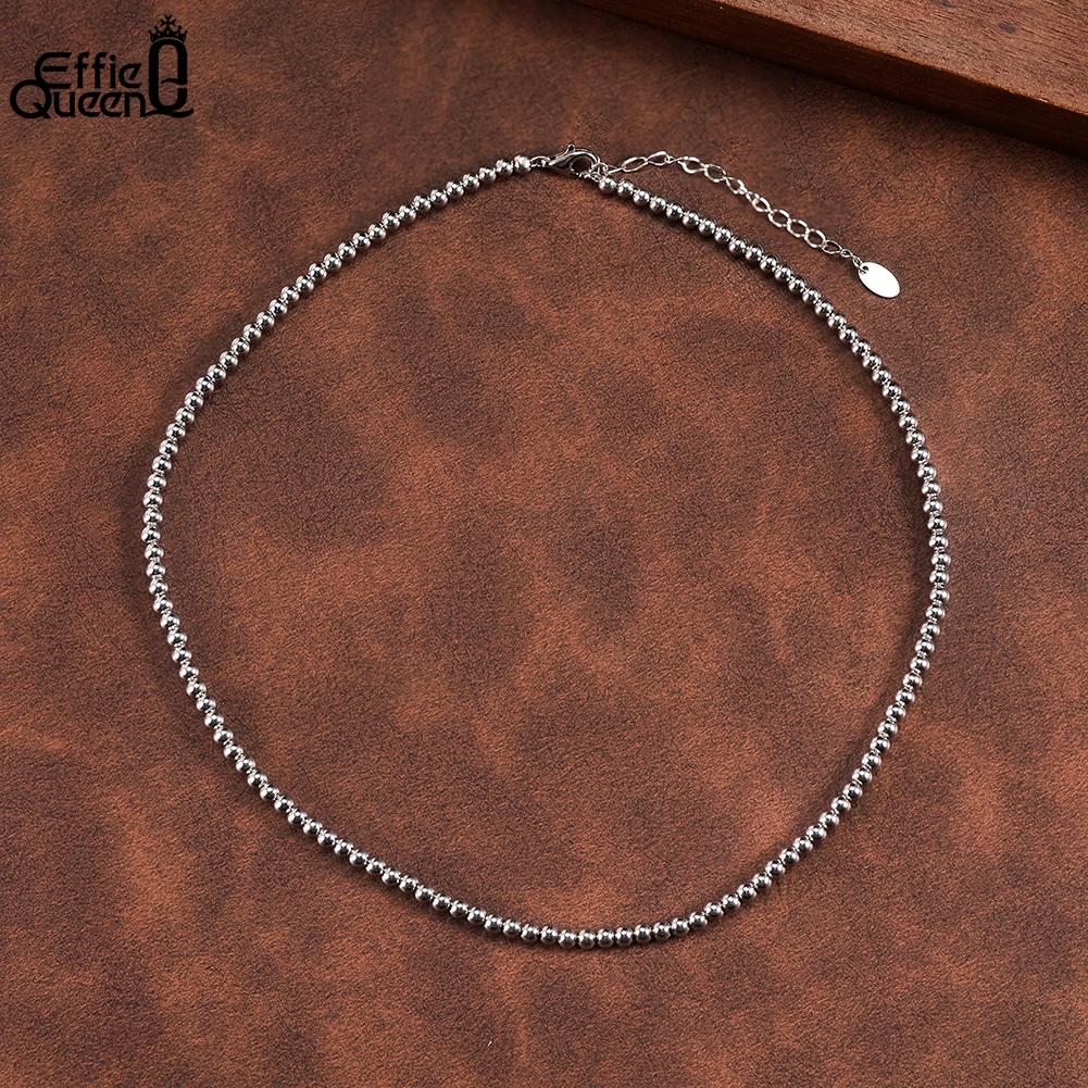 Effie Queen Trendy Silver 3mm Balls Beads Chain Choker Necklace Women Men Genuine 925 Sterling Silver Ball Beaded Collar SC95