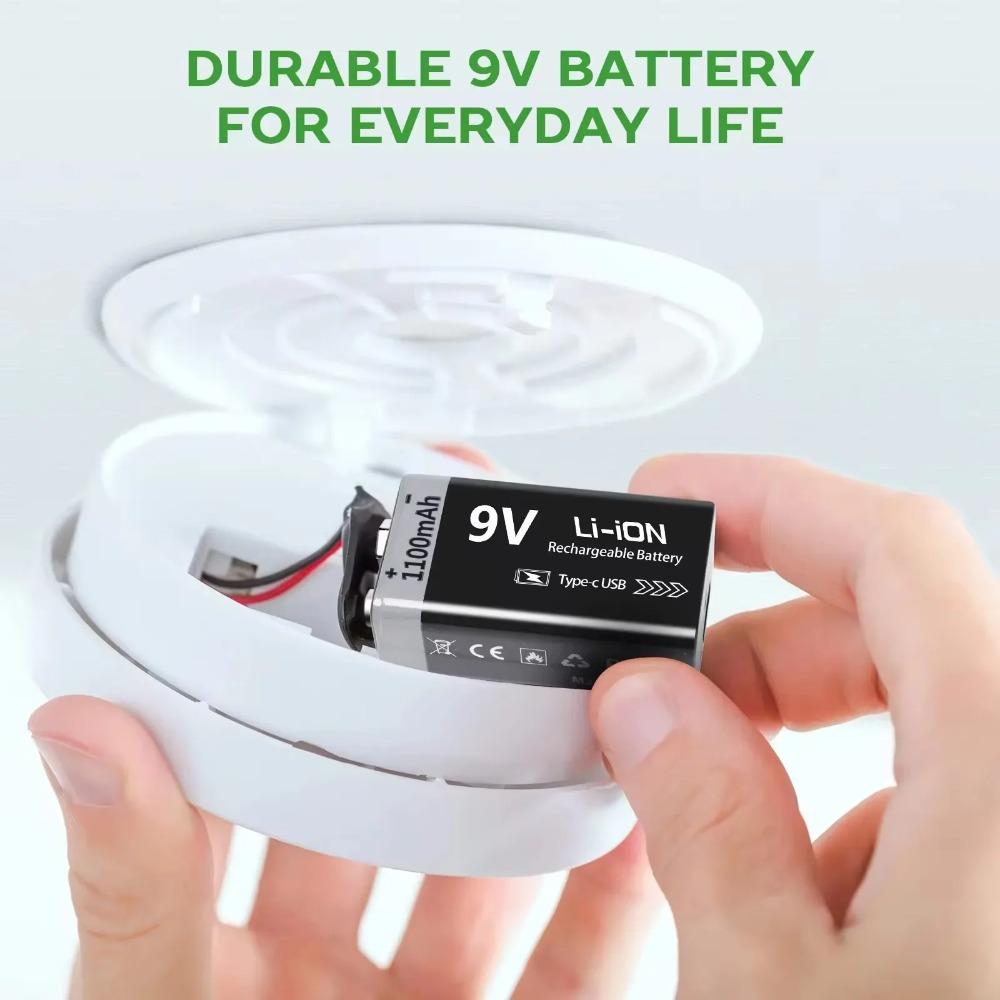 9V Battery Rechargeable 1100mAh USB Type-C 6F22 9V Li-ion Battery for Multimeter, RC Toys, Guitar Pedal, Microphone
