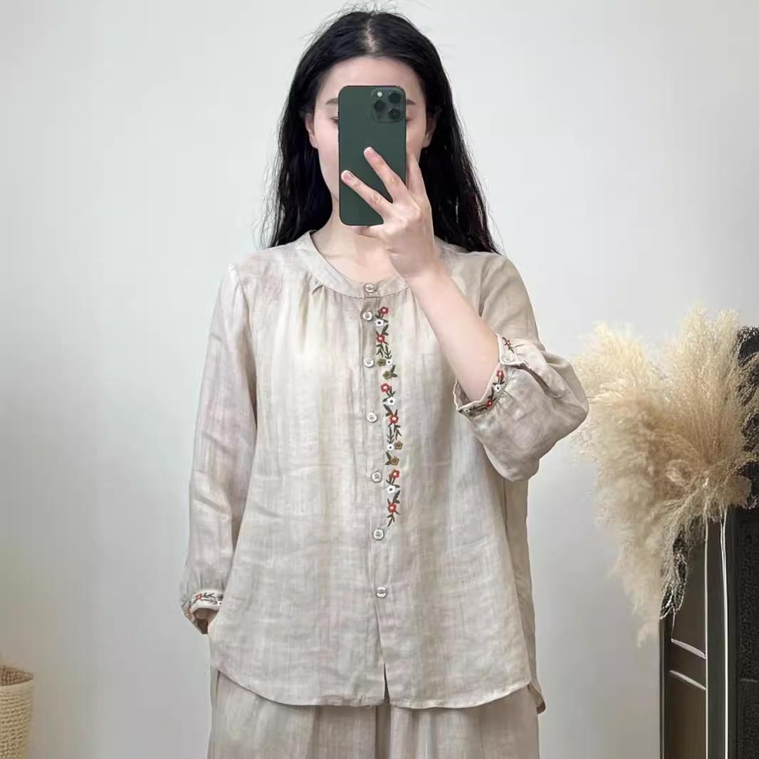 

Cotton and Linen Shirt Women s Round Neck Embroidery Casual All-match Loose Summer Breathable Long-sleeved Shirt Women XS бежевий