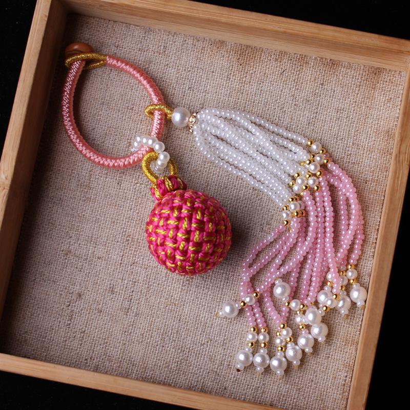 Number 16 Handmade Tassel Accessory with Ball Charm, Pearl, and Spinel Details.