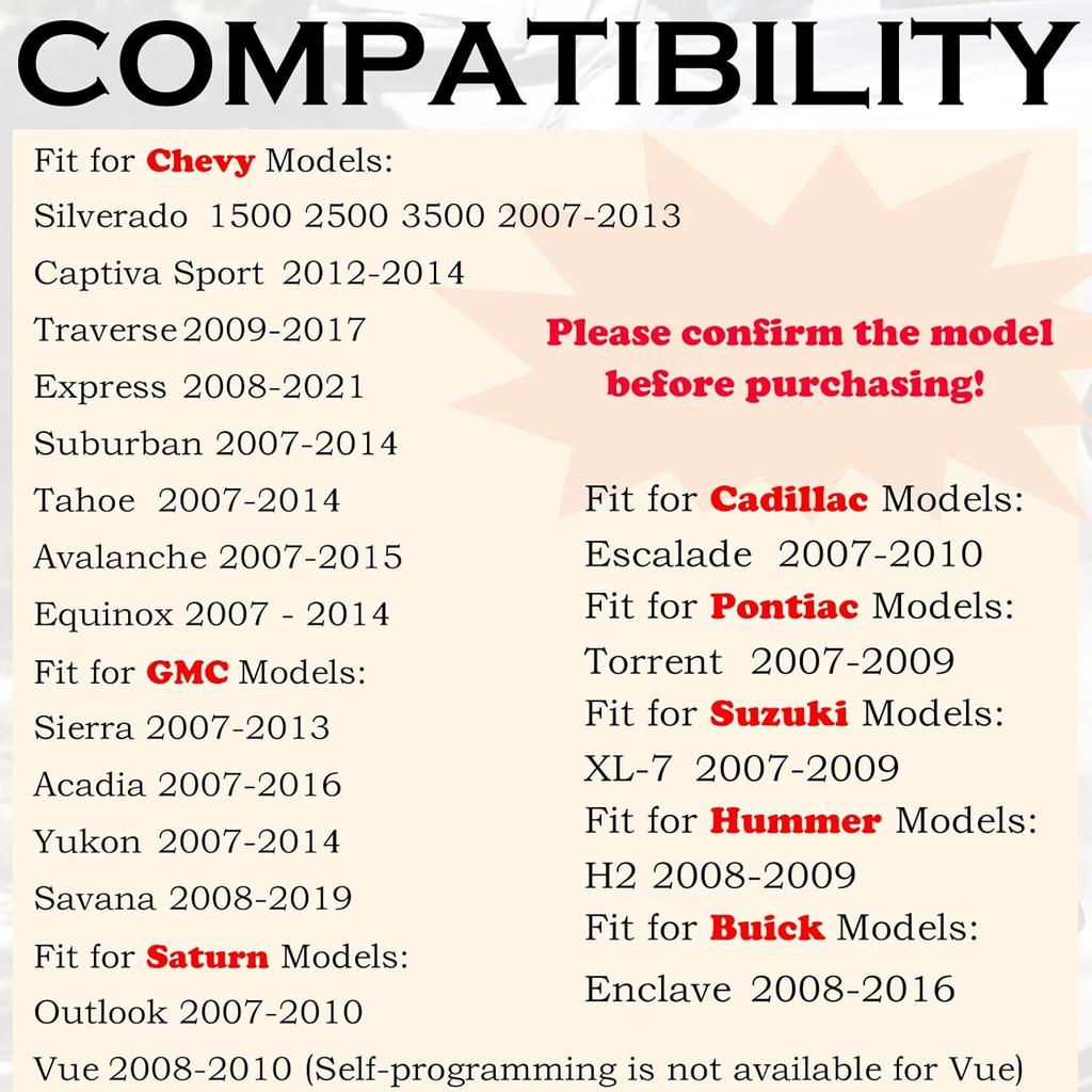 Remote Key Fob Replacement Fits for Chevy Silverado 1500 2500 Tahoe Suburban Avalanche Equinox GMC Sierra Acadia Yukon XL 2007 2008 2009 2010