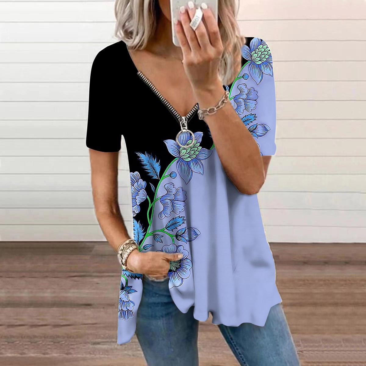 

Женский топ, летний новый модный синий топ с жимолостью и принтом, повседневный топ на молнии с v-образным вырезом и короткими рукавами 8XL светло-синий