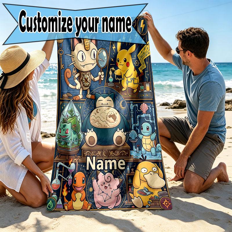 Custom Name Personalized Pocket Monster Print Beach Towel, for Trip Camping Beach Party Home Decor, Birthday Gift for Family & Friends