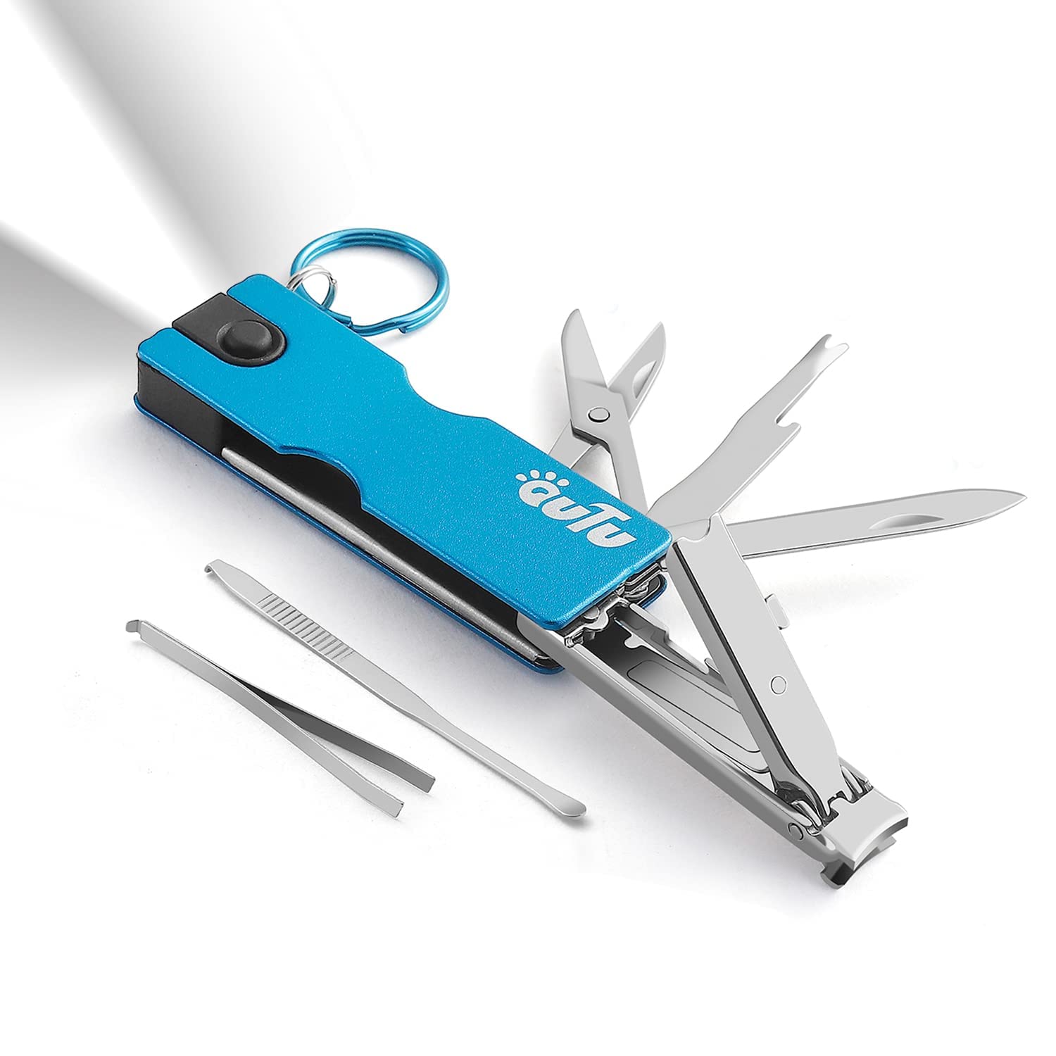 

OUTU Manicure Keychain Stainless Includes Nail Ear LED 8-Function Multi-Tool, Steel, Unisex, File, Scissors, Knife, Tweezers, Pick, Flashlight, синий