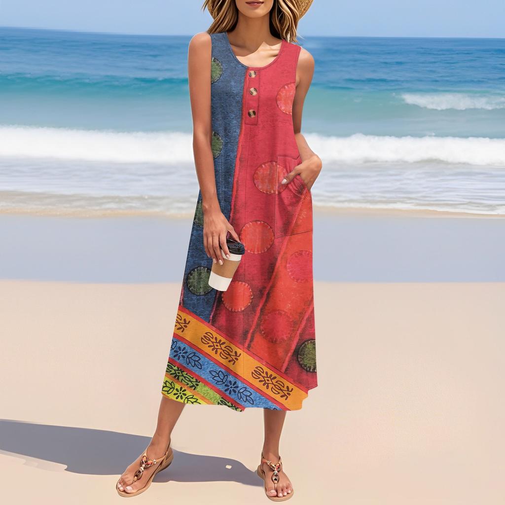 Women's Summer Vintage Color-block Patchwork Print Dress Sleeveless Button Down Casual Loose Long Beach Sundress