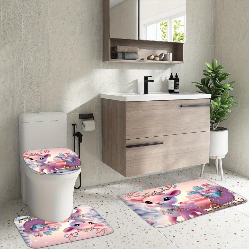 4Pcs Bathroom Shower Curtain Set Pink Deer Pattern Bathroom Curtain With 12 Hooks Non Slip Rugs Toilet Cover Mat Bathroom Partition