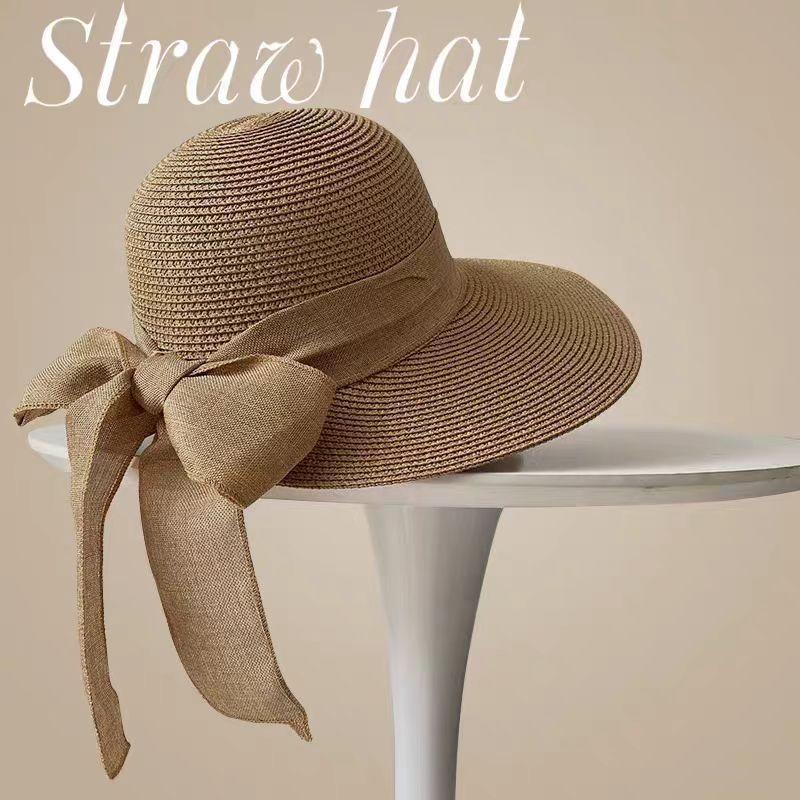 Lace bow big brim straw hat women's summer breathable sunshade sunscreen beach hat sweet bucket hat