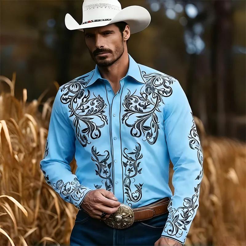 Chemise Western Décontractée en Denim pour Homme, Nouvelle Mode, Motif Imprimé 3D, Chemise Décontractée Rétro pour Vacances avec Boutons, Manches Longues Shi