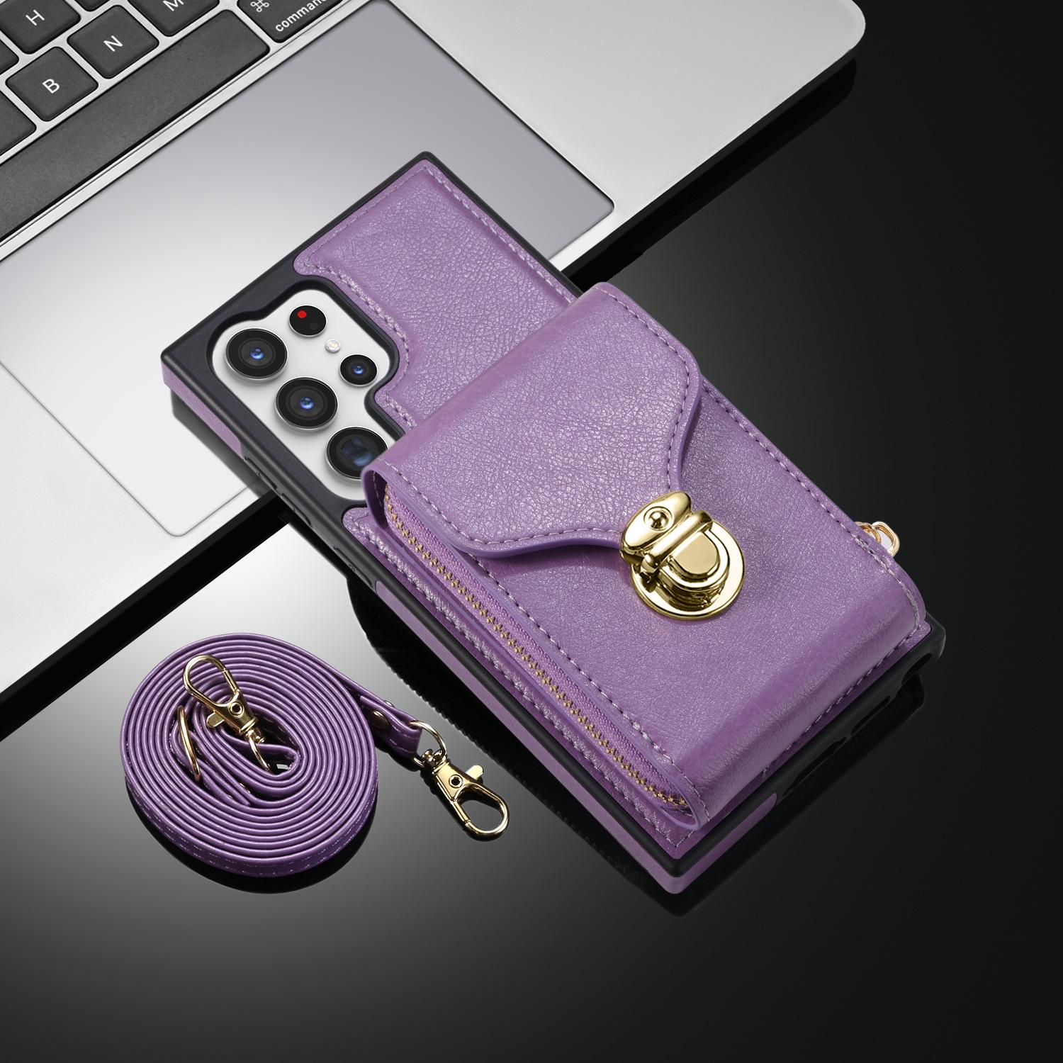 

Многофункциональный чехол через плечо для мобильного телефона Samsung S24U с боковой наклейкой, шнурком, молнией и слотом для карт. Совместимо с моделями S23 и S22. S22 фиолетовый