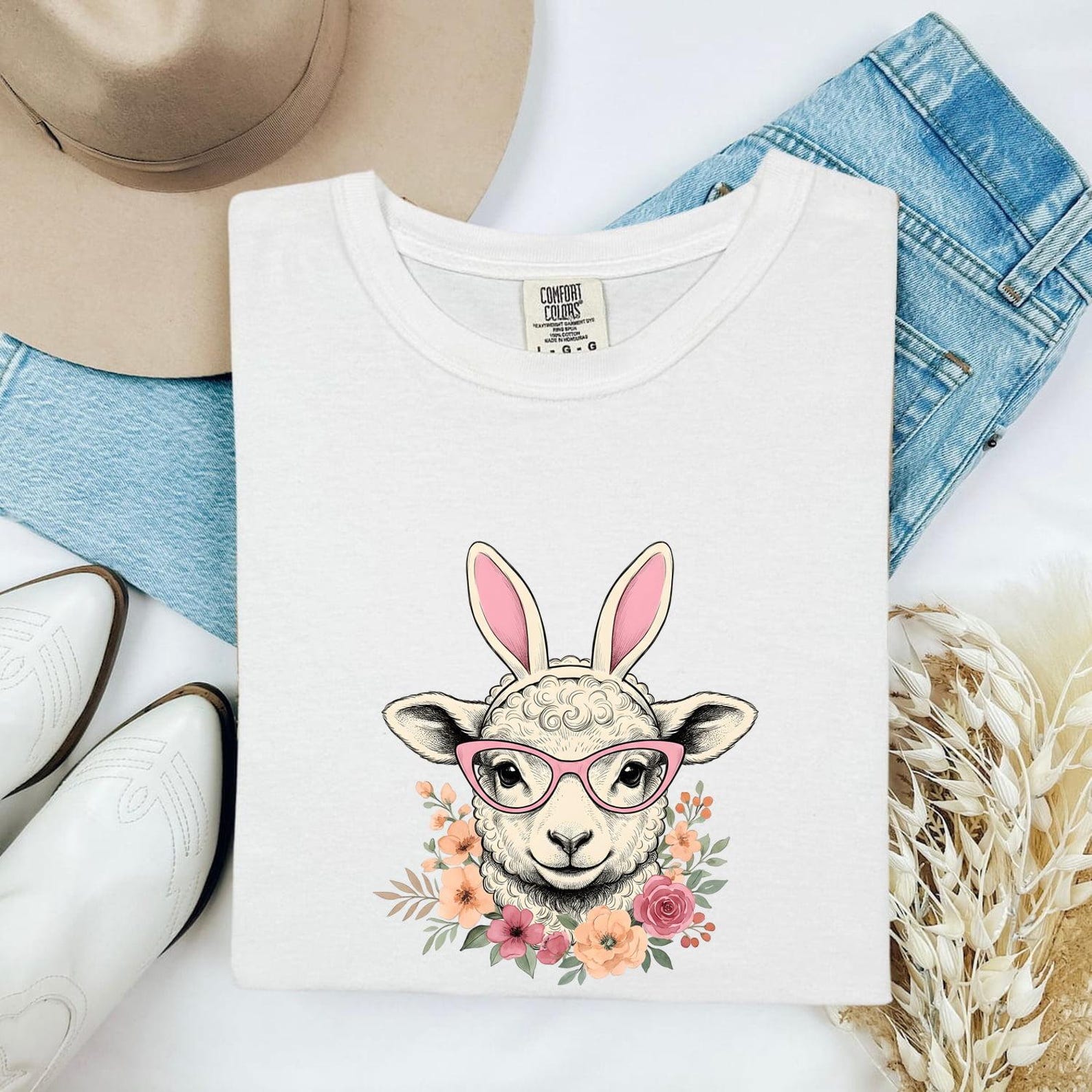 Lamb Bunny Ears Shirt Easter Critter Gift Women Line Art Tee Bunny T-Shirt Easter Fan Simple Tshirt Creature Graphic Cartoon Flower Bouquet XL