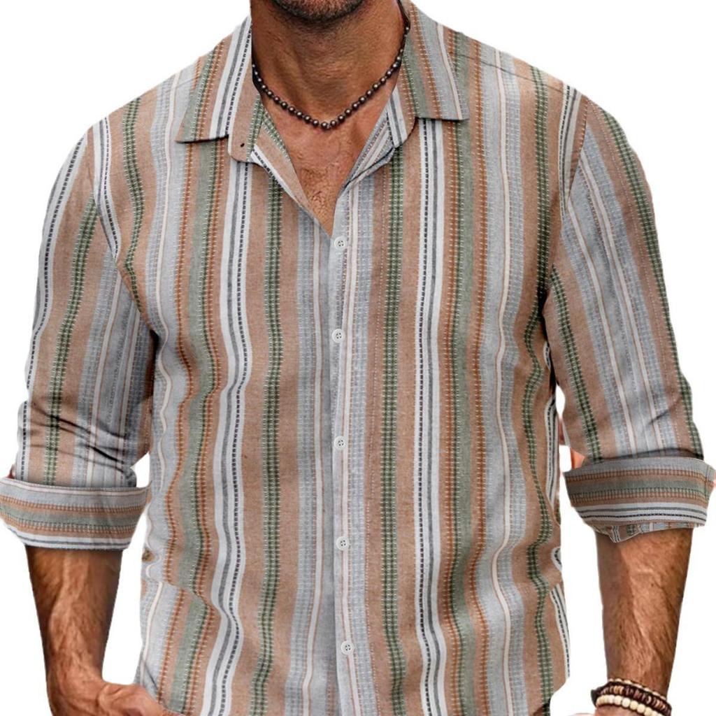 Men's Cotton and Linen Single Breasted Lapel Long Sleeved Shirt