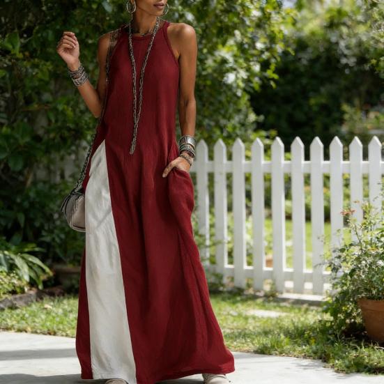 Damen Langes Fließendes Tanktop Seitenschlitz Rundhalsausschnitt Ärmellos Maxikleid Sommerlich Lässig Strand Sonnenkleid mit Taschen