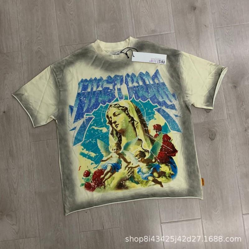 Unisex Oversized Box Fit Cotton Tee With Embroidered Rhinestone Washed Print Round Neck Short Sleeve Casual Top