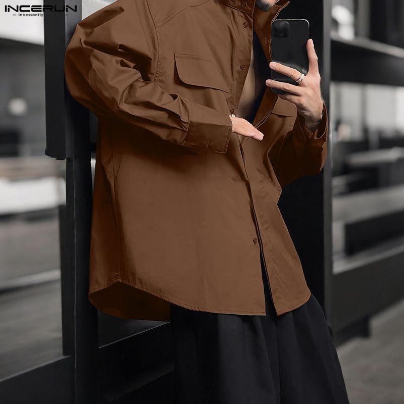 INCERUN S-5XL Men Casual Stand Neck Long Sleeve Loose Cargo Shirts Tops