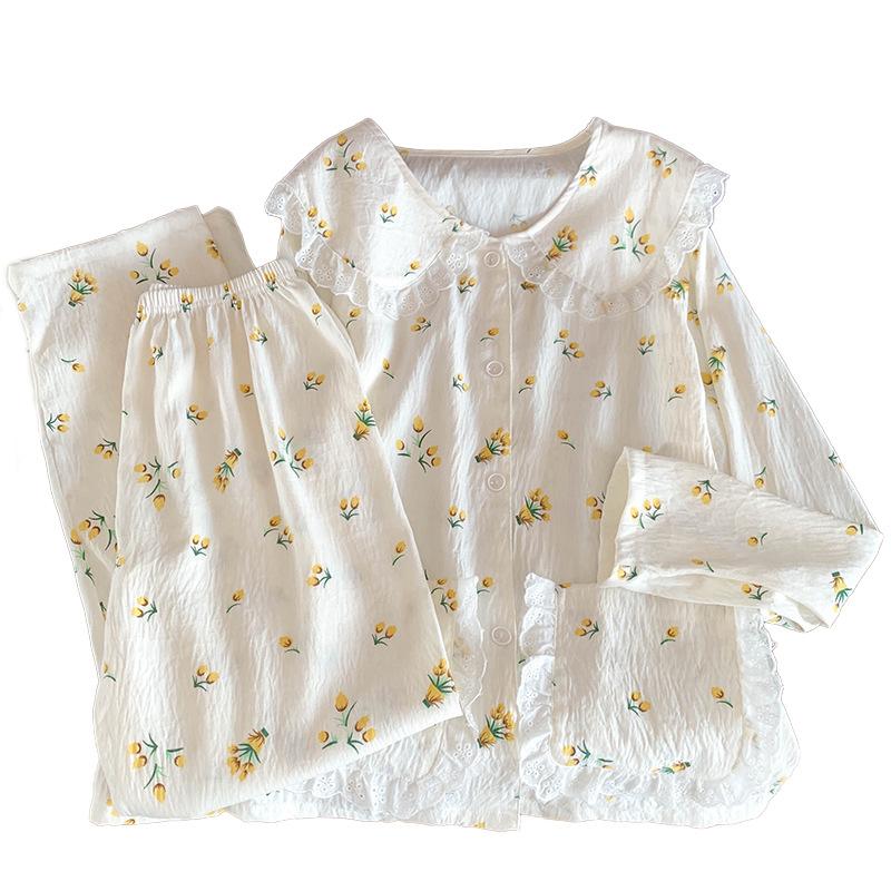 Pastoral Flower Cloud Cotton Pajamas Women'S Spring And Autumn Long-Sleeved Sweet Doll Collar Loungewear Set Real Shot