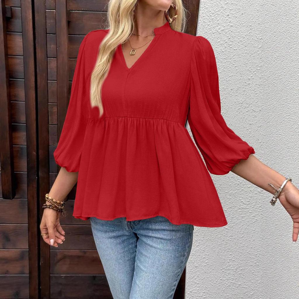 Women's V-Neck Waist-Cinching Puff Sleeve Shirt with Skirt-Style Hem and Stand-Up Collar