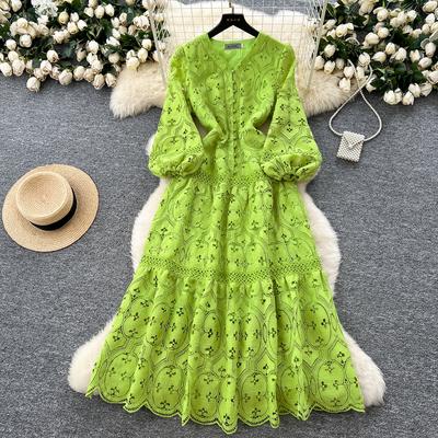 Spring Summer Women V-neck Lantern Sleeve Embroidery Lace Long Maxi Party Dresses