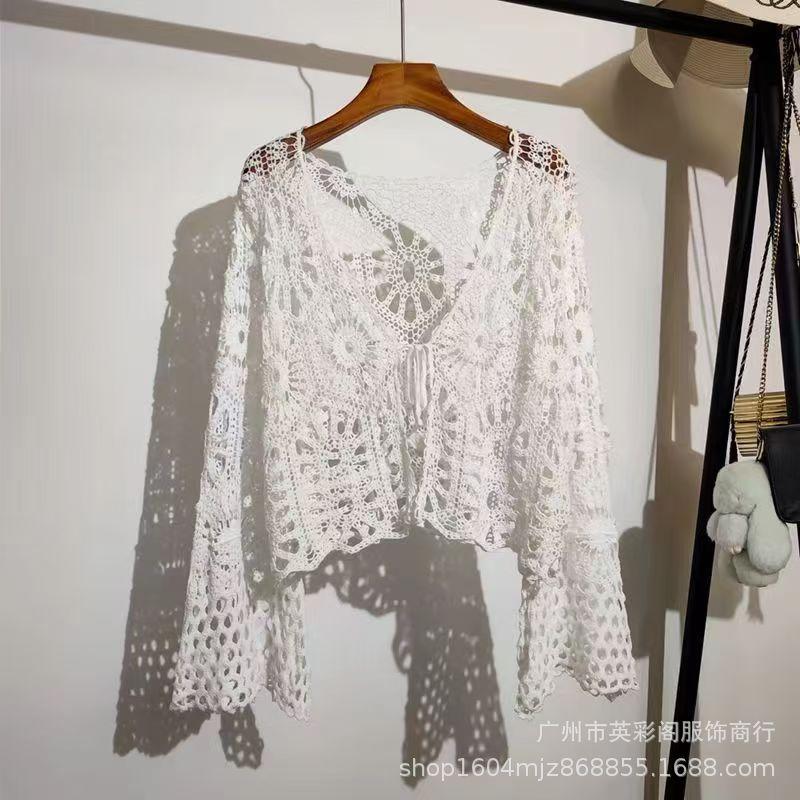 Seaside Retro Vacation Style Sunscreen Knitted Cardigan Women's Summer Hollow Crochet Loose Casual Niche Chic Top