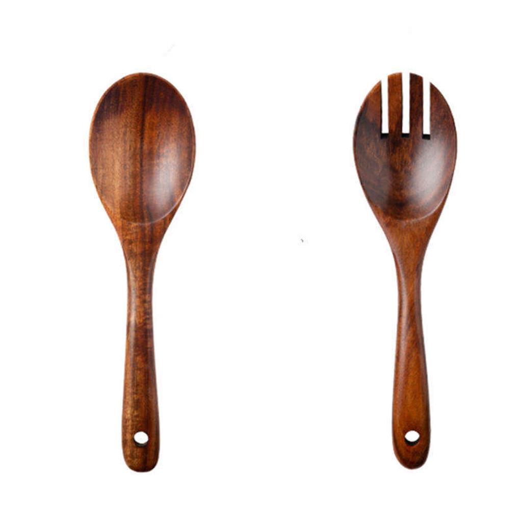 1/2Pcs Wooden Servers Spoon Fork Set Long Handle Large Dinner Serving Cooking Untensils Cutlery Kitchen Tableware