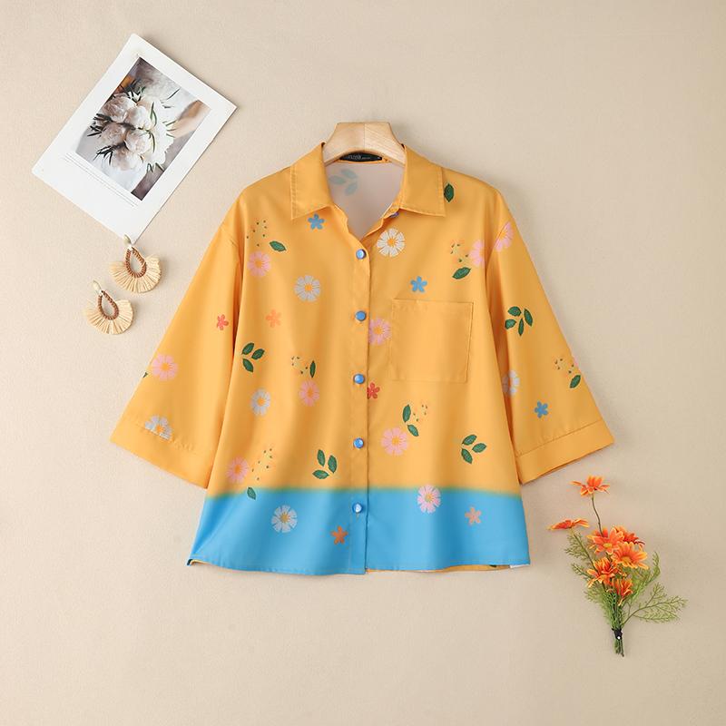 

ZANZEA Women Summer Turn Down Collar Casual 3/4 Sleeve Floral Blouse 5XL жёлтый