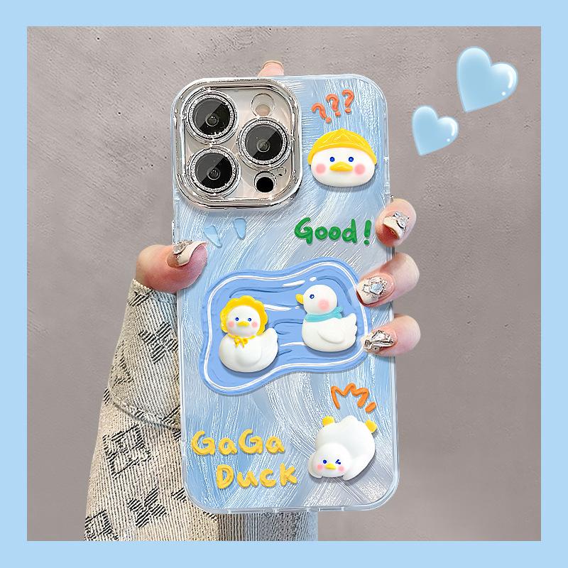 Cute Duck Dolls Suitable for Iphone16 Feather Yarn 15 Lens Film14promax Apple 13 Mobile Phone Case11 Hard
