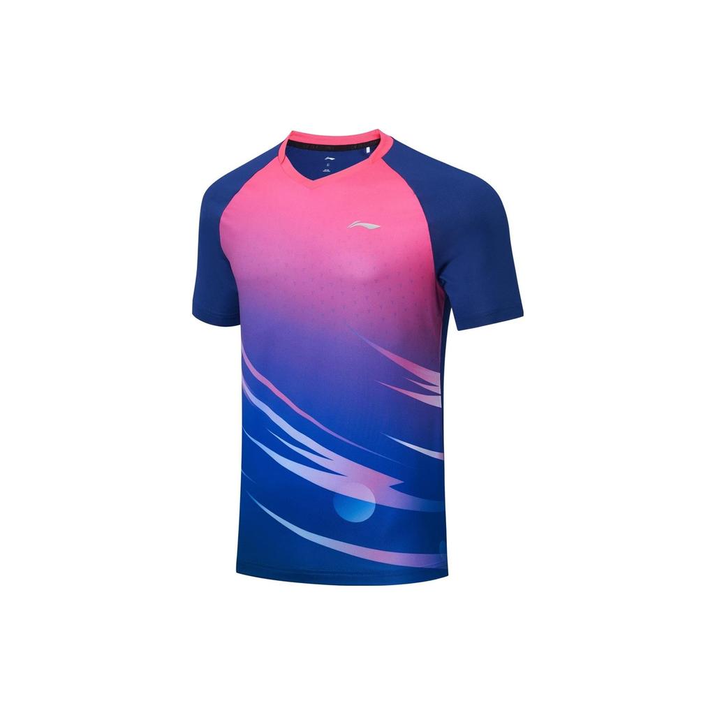 Li Ning Logo V-Neck Quick-Dry Short Sleeve T-Shirt Unisex Tops Fluorescent-Pink Shadow-Purple-Blue AAYT031-1
