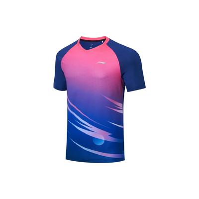 Li Ning Logo V-Neck Quick-Dry Short Sleeve T-Shirt Unisex Tops Fluorescent-Pink Shadow-Purple-Blue AAYT031-1